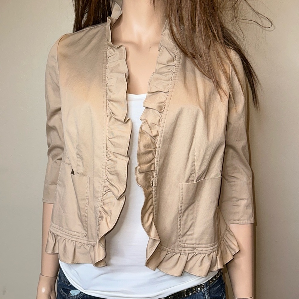 Worn Twice Talbots Stretch Cotton Grace Fit Ruffle Twill Jacket Blazer 14P Beige